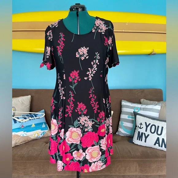 NY Collection Women’s Black Floral Dress Size Large - Picture 1 of 7
